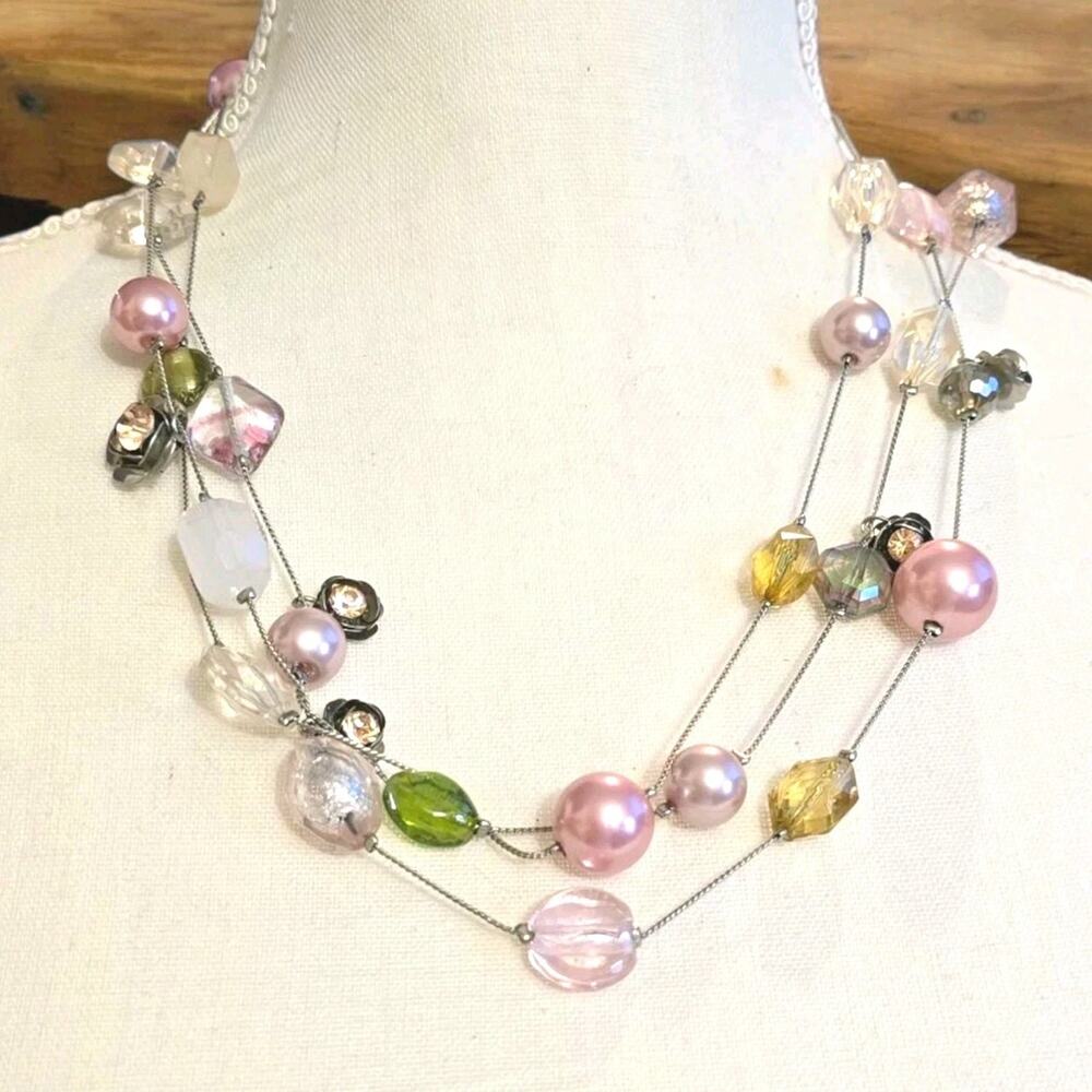 Lane Bryant Layered Necklace Pastel Light Soft Color Beads Station 18" 20" Long